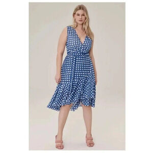 Eliza J High Low Blue White Plaid V-Neck Faux Wrap Belted Ruffle Midi Dress 16